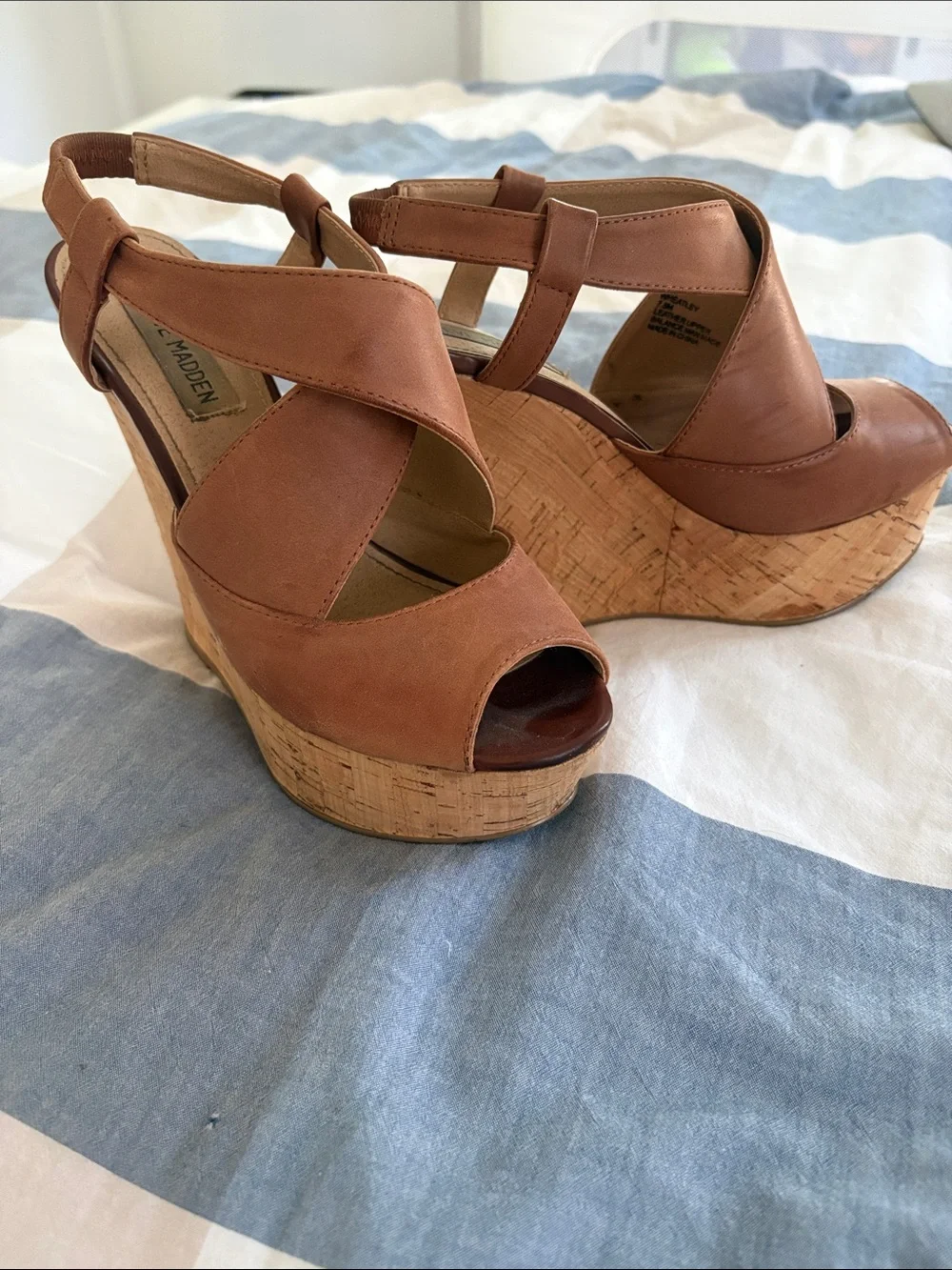 Steve Madden Brown Leather Cork Wedge Sandals